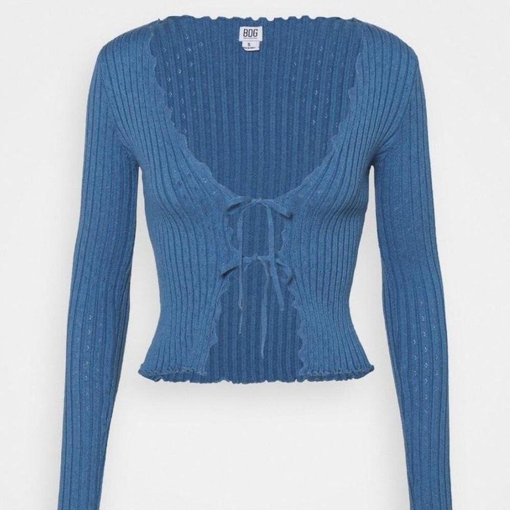 BDG Blue Ribbed Tie-Front Top